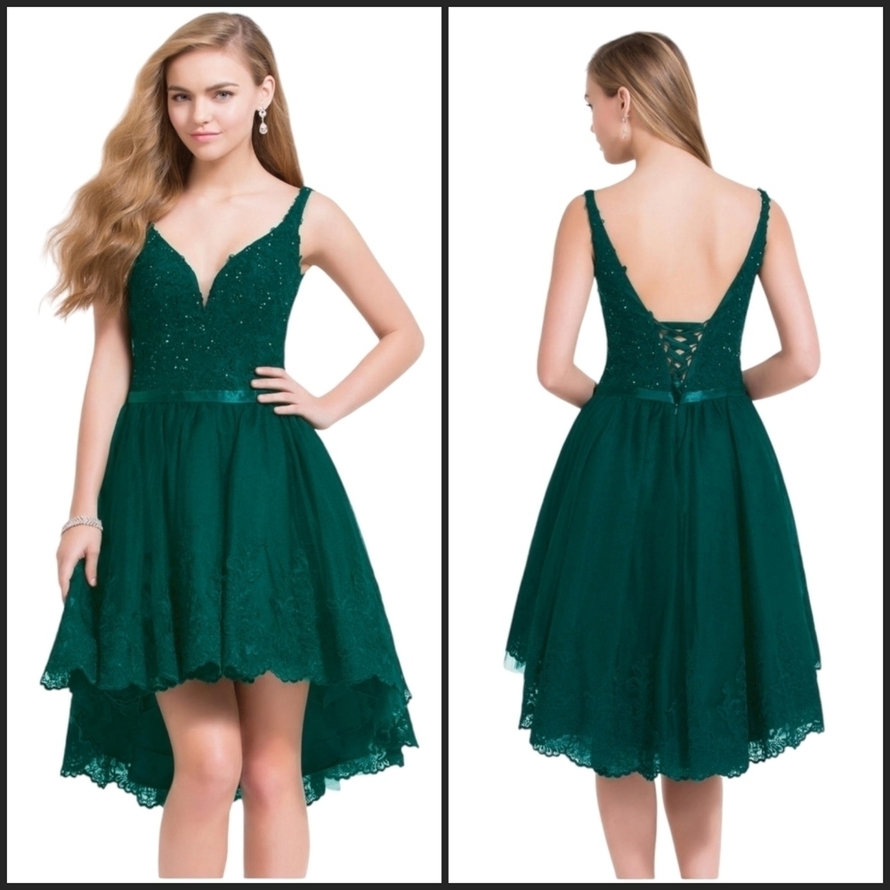 Alyce Paris Emerald Green Beaded Bodice Lace Up Back Hi Low Dress